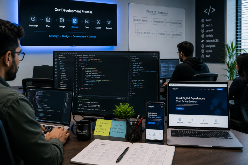Developers building a responsive website using modern web technologies