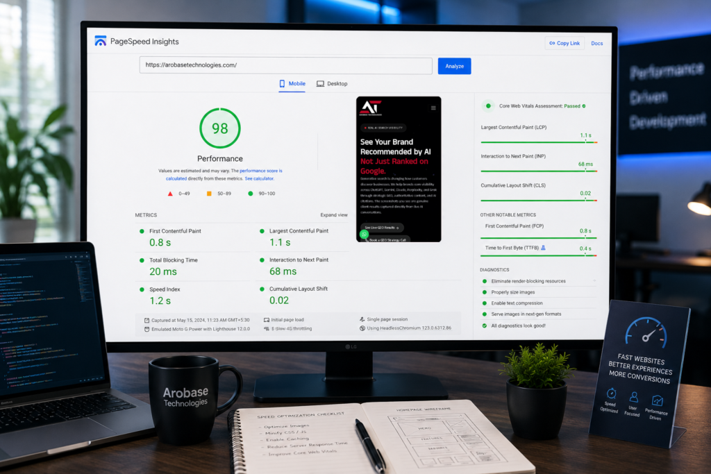 Website speed optimization and Core Web Vitals performance dashboard